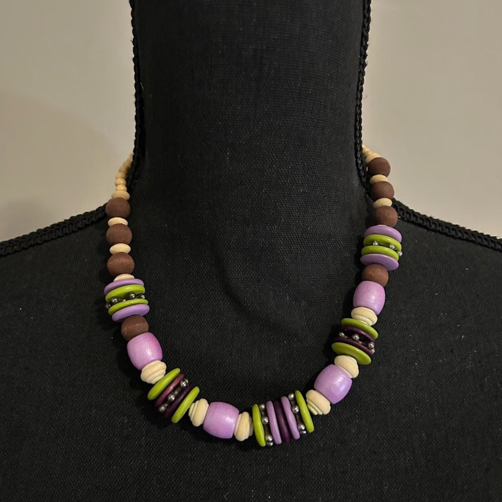 Vintage 80s boho wood Colorful Beaded Necklace